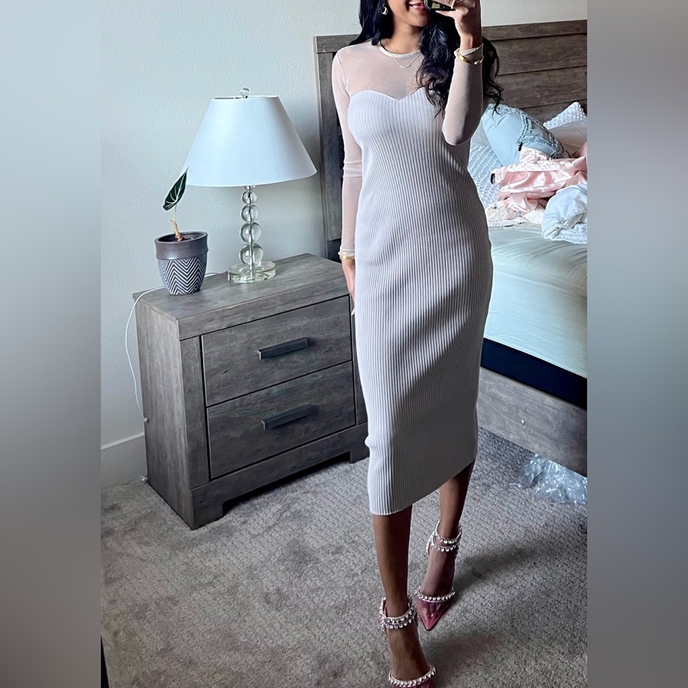 Zara Beige Neutral Nude Midi Dress with tulle mesh sleeves